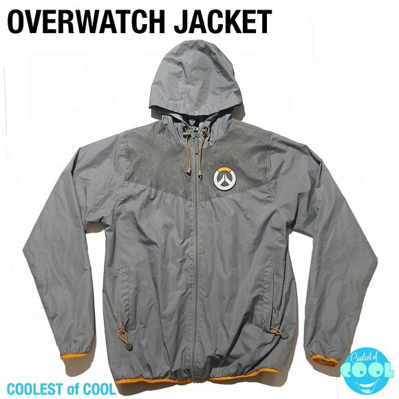 Jinx OVERWATCH Jacket Large Hooded Long Sleeve pullover Gray raised rubber logo - Picture 1 of 9